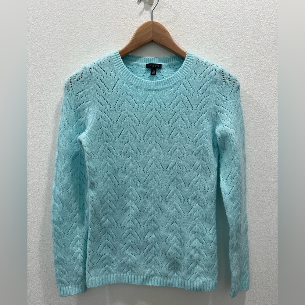 Talbots Aqua Teal Open-Knit Crewneck Sweater small spring